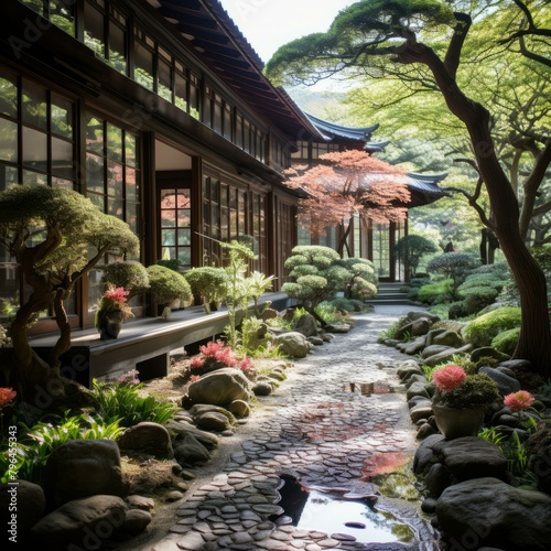 b'Japanese Garden with Stepping Stones and Trees' © Adobe Contributor