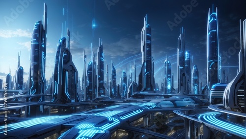 The image shows a futuristic city with tall buildings and blue lights.