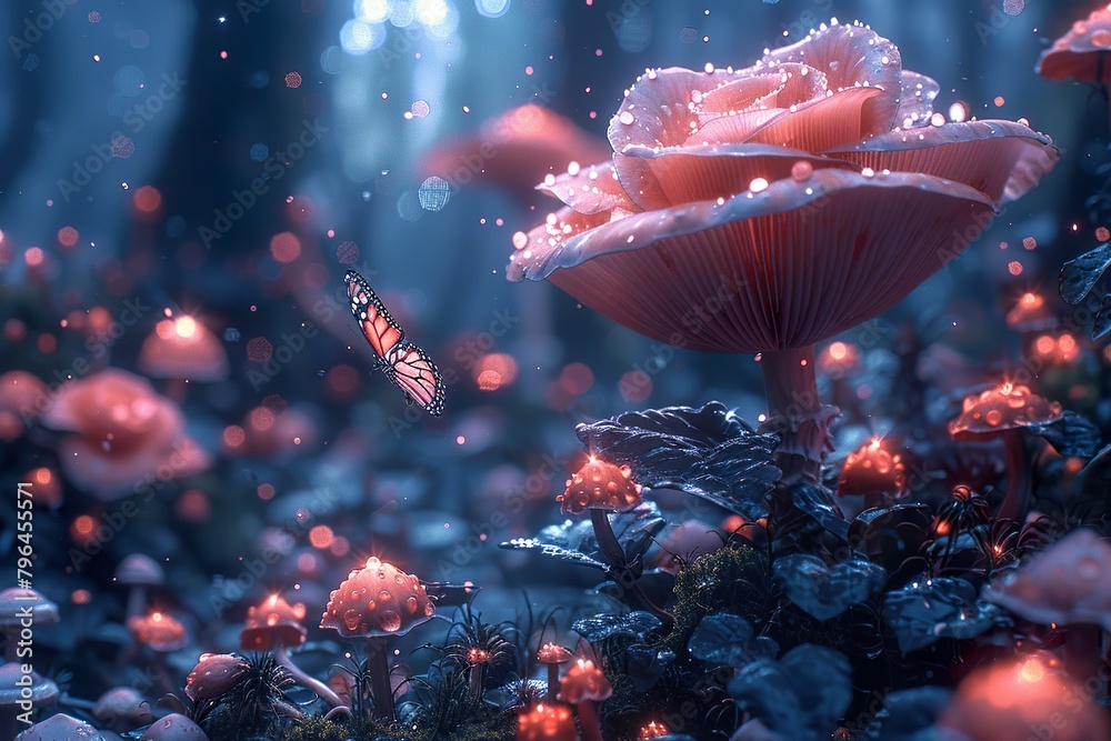 Magical fantasy mushrooms in enchanted fairy tale dreamy elf forest with fabulous fairytale blooming pink