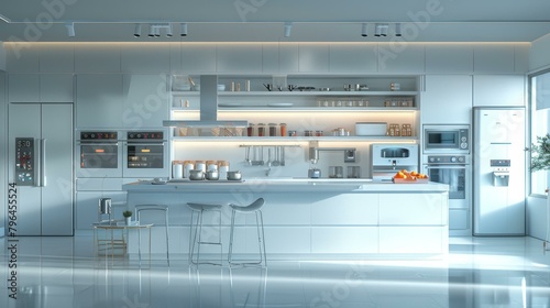 An illustration of a modern kitchen with white cabinets and stainless steel appliances