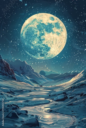 b Full Moon Rising Over Snowy Mountain Landscape 