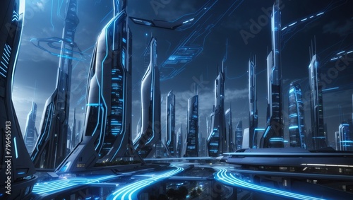 The image shows a futuristic city with tall buildings and blue lights.