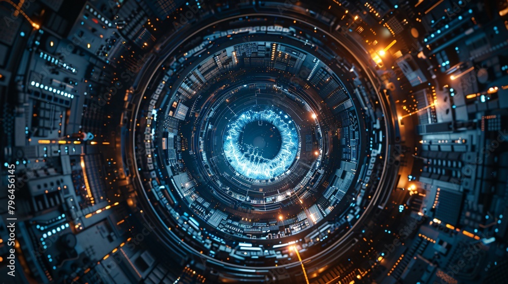 A glowing blue eye surrounded by a futuristic, circuit board-like structure. A glowing blue eye surrounded by a futuristic, circuit board-like structure.
