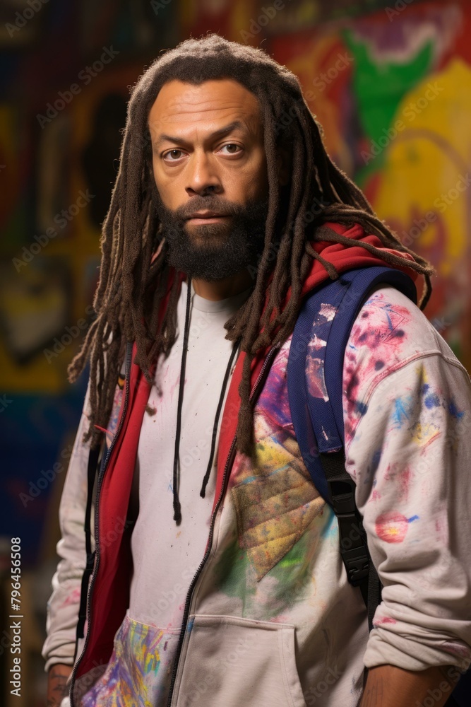 b'portrait of a black male artist with dreadlocks'