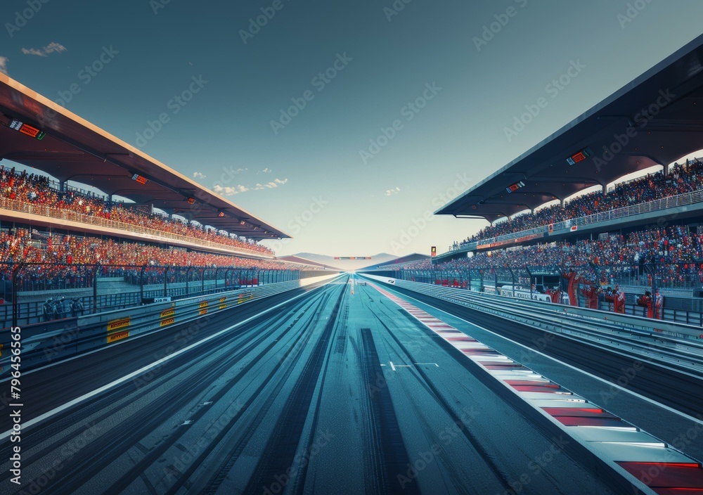 A Formula 1 race track with empty grandstands