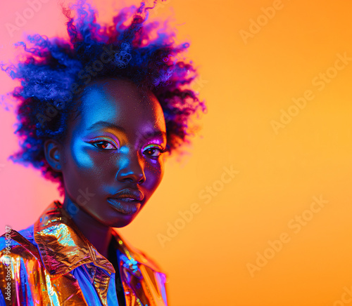 Close up of female American african model in retro wave fashion stylish clothes. Shiny purple blue neon light on face.