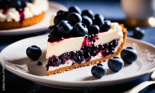 Blueberry cheesecake slices with blueberries and blueberry sauce on a white plate