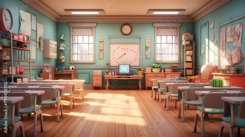 b'Classroom with wooden floor and blue walls'