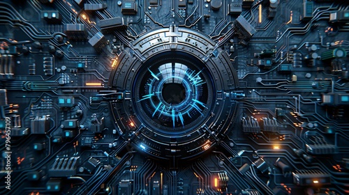 Glowing eye housed within the cybernetic center of the circuit board represents advanced technology