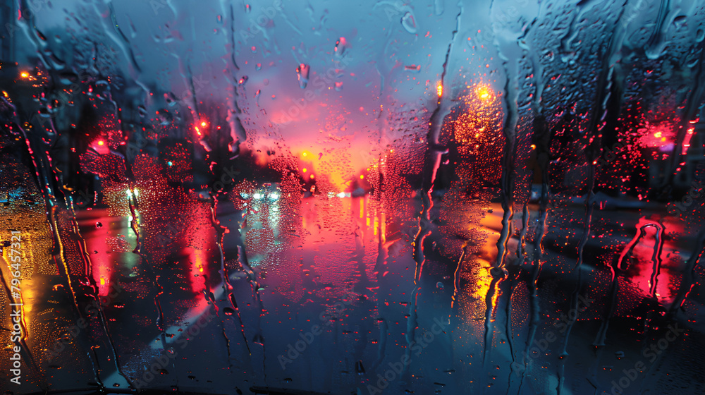 A Splash of Colored Paint on the Windshield,
A rainy night with the lights reflecting on the wet road
