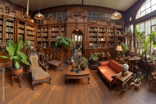 b'ornate library filled with books plants and sculptures'