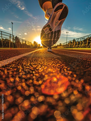 Capture the intensity of an eye-level view as a runner exerts themselves on a vibrant track, muscles straining under a golden sunset photo