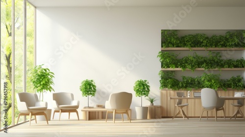 b'Modern office interior with green plants and large windows'