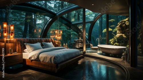 b'futuristic bedroom interior design forest view' © Adobe Contributor