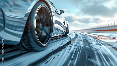 Illustrate a digital racing scene with a detailed 3D render Showcase the panoramic view as the car brakes sharply