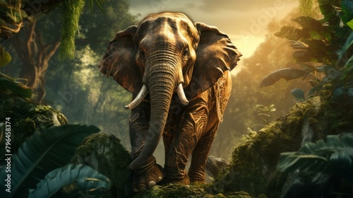 b'Elephant walking through dense jungle' © Adobe Contributor