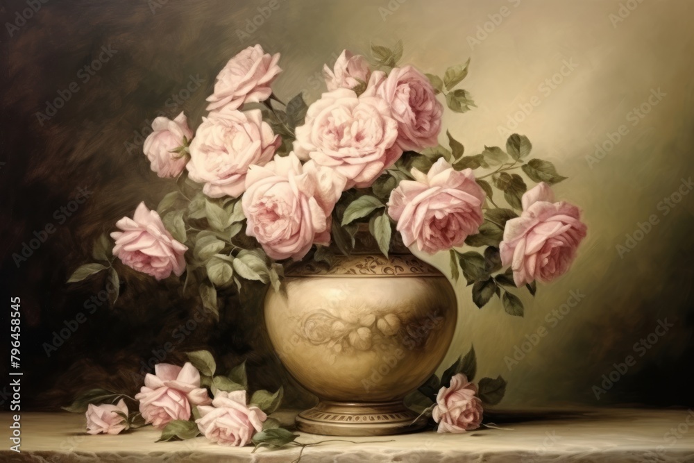 Roses in vase on a table painting art flower. Roses in vase on a table painting art flower.