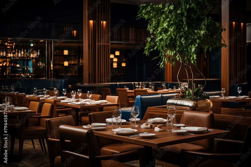 b'Fine dining restaurant with elegant table settings' b'Fine dining restaurant with elegant table settings'