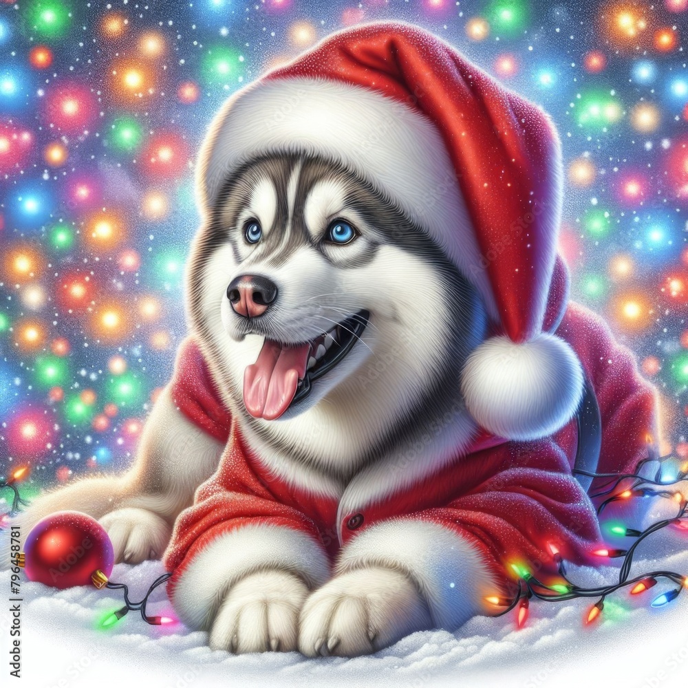 Siberian Husky Dog wear Santa Hat surround by christmas lights. Greeting Cartoon Character Cute New year Clip Art Round Sticker for decoration christmas theme