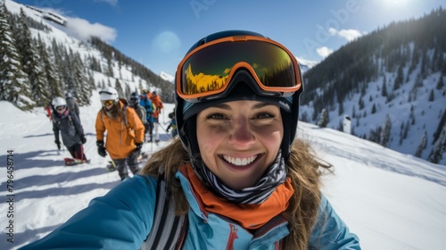 b'A group of friends skiing down a snowy mountainside'