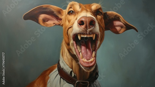 b'A dog with its mouth wide open and ears perked up'