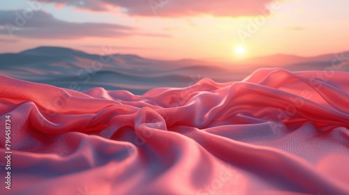b'Pink silk fabric with sunset in the background'