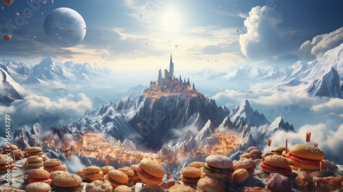 b'Hamburgers on a snowy mountaintop with a castle in the distance' photo