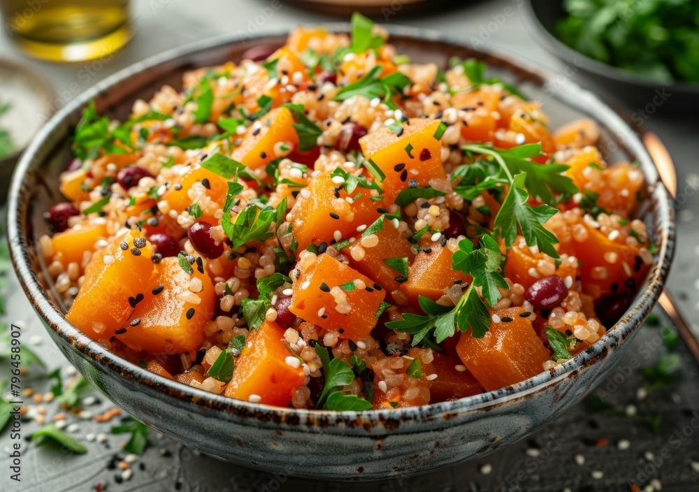 b'Bulgur wheat salad with roasted pumpkin, red beans and parsley' b'Bulgur wheat salad with roasted pumpkin, red beans and parsley'