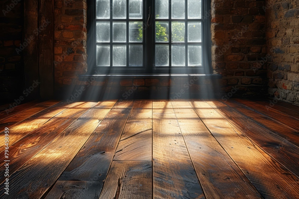 b'rays of light shining through a window onto a wooden floor' b'rays of light shining through a window onto a wooden floor'