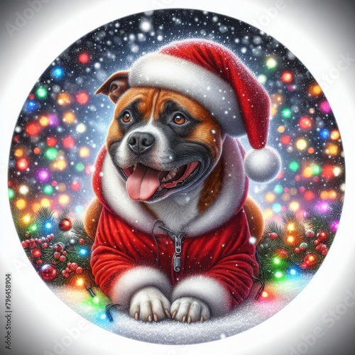 Pittbull Dog wear Santa Hat surround by christmas lights. Greeting Cartoon Character Round Sticker for decoration christmas theme Cute New year Clip Art photo