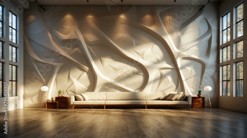 b'Modern interior of living room with white wall sculpture' photo