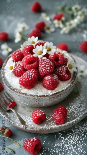 b'Raspberries and cream with edible flowers'