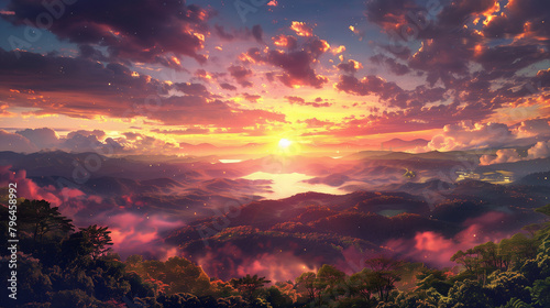 A beautiful sunset with a sky full of stars and a field of trees in the background. The sky is a mix of orange and purple hues, creating a serene and peaceful atmosphere