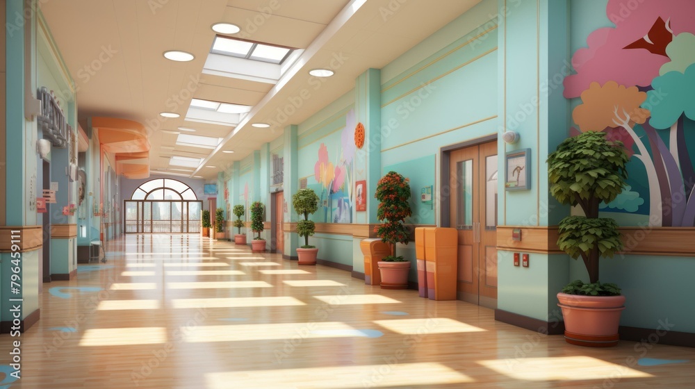 b'A brightly lit hospital hallway with colorful walls and potted plants'