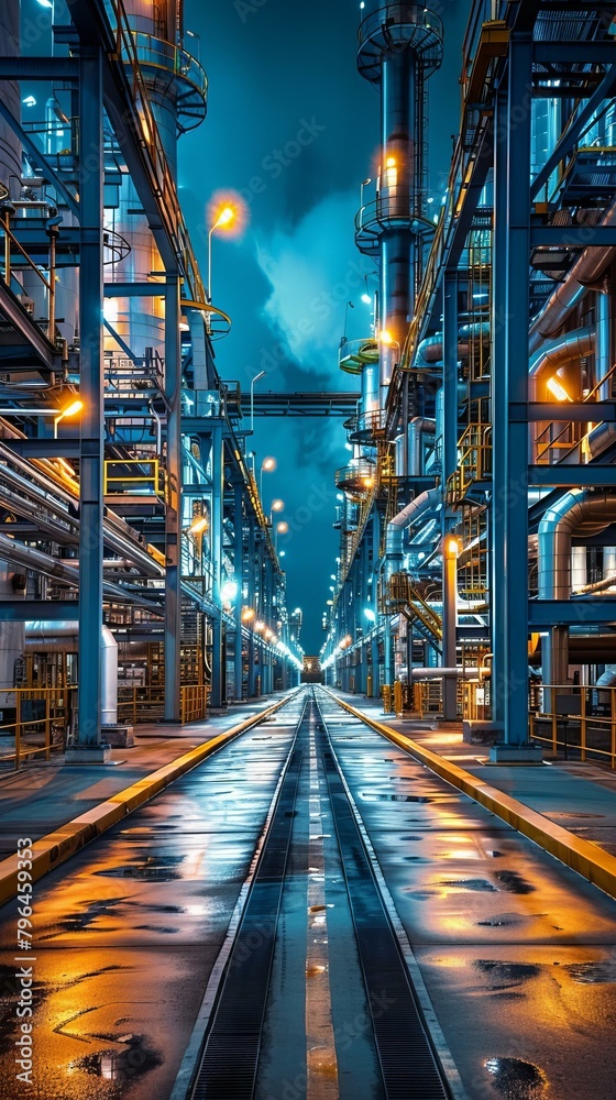 Obraz premium b'A photo of an oil refinery at night'