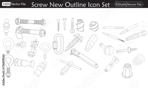 Vector self-tapping screws outline silhouette. Screw Logo Template For Construction Ironmonger Symbol Design. Nails screw-bolt isolated isometric vector illustration set. Engineering outline vector
