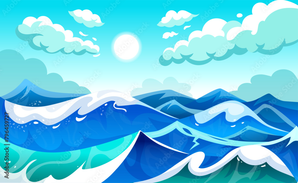 Sea waves. Ocean landscape. Water ripple surface. Sun and clouds in day sky. Marine pattern. Cartoon seascape. Blue texture. Aqua splash. Summer nature. Depth color. Vector tidy seaside background Sea waves. Ocean landscape. Water ripple surface. Sun and clouds in day sky. Marine pattern. Cartoon seascape. Blue texture. Aqua splash. Summer nature. Depth color. Vector tidy seaside background