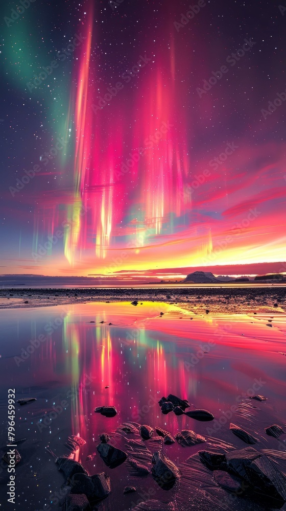 b'Aurora borealis or northern lights in purple pink and green colors reflecting on the water surface'