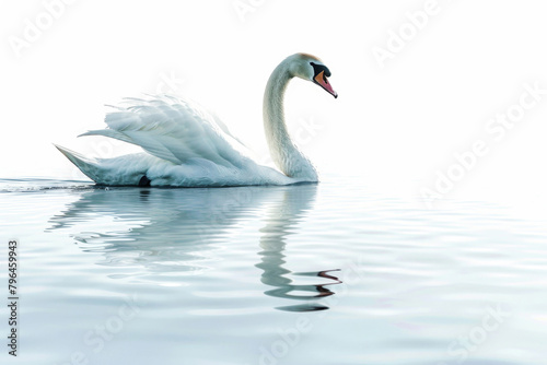 A swan gliding on water  isolated on a white background