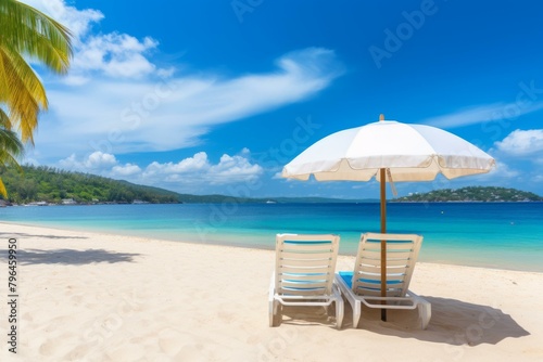 b Two beach chairs under a white umbrella on a tropical beach with white sand and blue water 