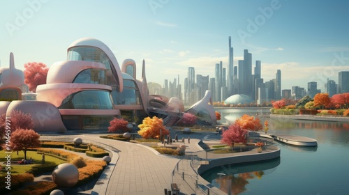 b'futuristic city park with pink alien buildings and blue lake' photo