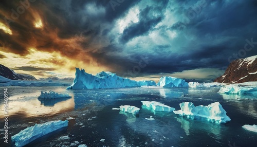 dark clouds above blue icebergs in disko bay greenland photo