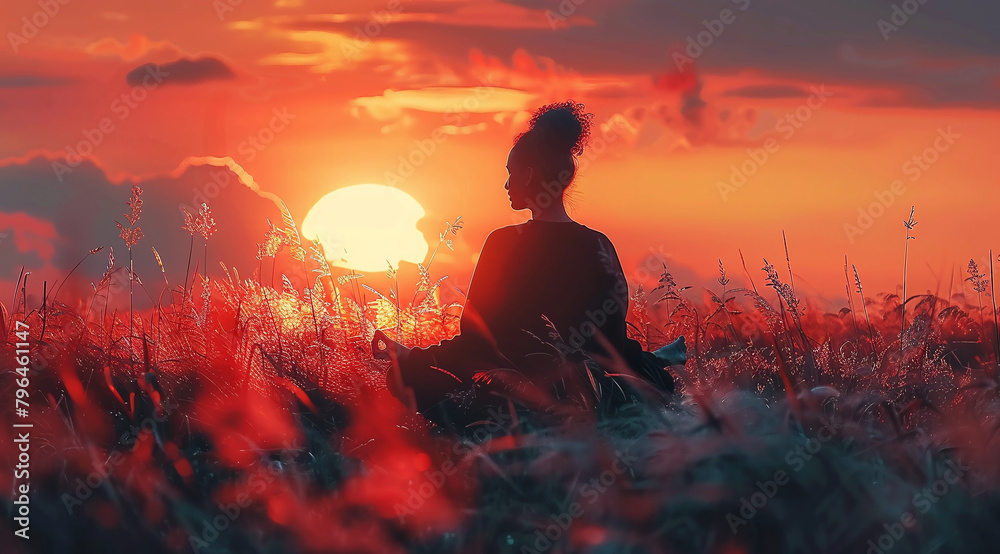 A person meditating in a field at sunset, with the sun casting a warm glow over the scene.