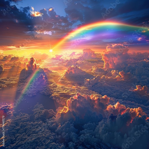 A rainbow over the clouds at sunset.