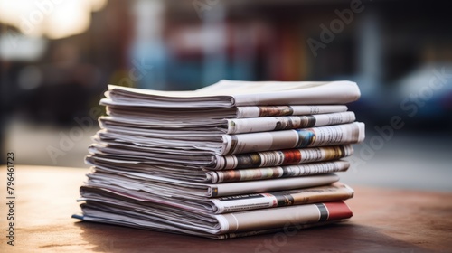 A stack of newspapers on a wooden table against a blurred background. © inthasone