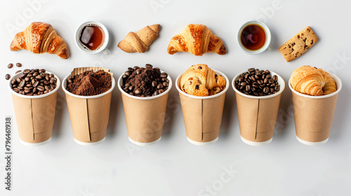Set of paper cups with coffee beans tea bag croissants