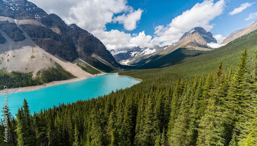 drone view of the azure lake in the glacier valley view of the moraines landscape from the air river on a moraine landscape from drone alberta canada