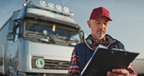 Busy Caucasian manager wearing red cap and work jacket standing at parking lot for truckers outdoor. Actively writing something on clipboard paper while standing near large lorry.