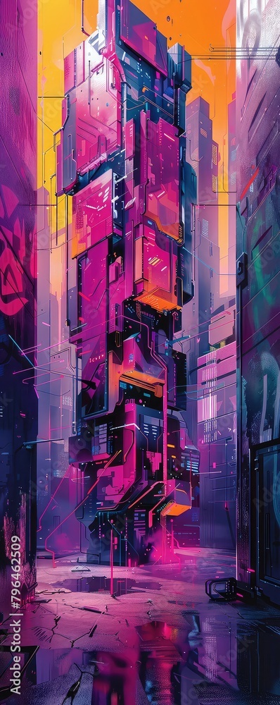A tall, glowing skyscraper in the middle of a dark city street with a retro-futuristic style.
