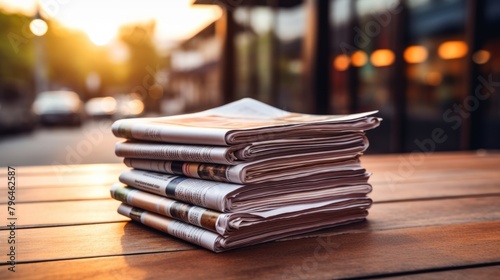 A stack of newspapers on a wooden table against a blurred background.